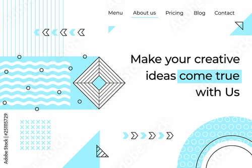 Abstract landing page. Minimal geometry memphis background, trendy business website app. Vector development programming landing page