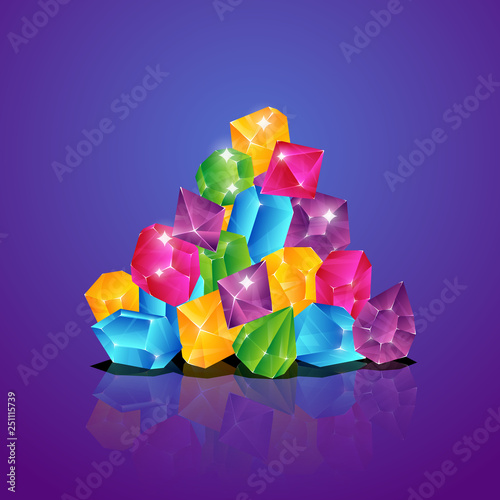 Jewels pile. Colored diamonds heap gems brilliant piles treasure cartoon stack vector illustration