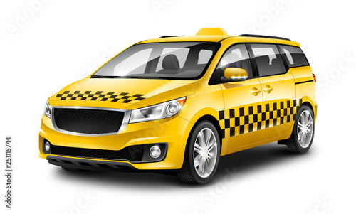 Yellow Taxi Generic Minivan Car On White Background. MUV, MPV Or High Roof Family Automobile. 