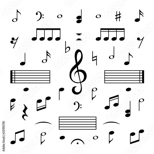 Music notes set. Musical note treble clef silhouette signs vector isolated melody symbols set