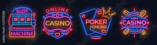 Casino neon signs. Slot machine jackpot banners, poker bar night billboard, gambling roulette. Vector casino neon web banners