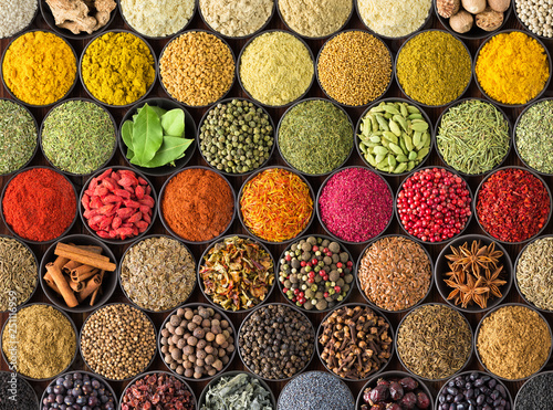 Fototapeta Naklejka Na Ścianę i Meble -  colorful spice background, top view.  seasonings and herbs for European food