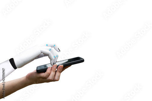 Robotic artificial intelligence transition human hand to robot hand press the smartphone button white background