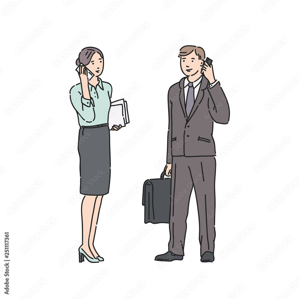 Business woman and man in strict suit talking on phone. Vector illustration in line art style isolated on white background. Business woman and man in strict suit talking on phone. Vector illustration in line art style isolated on white background.