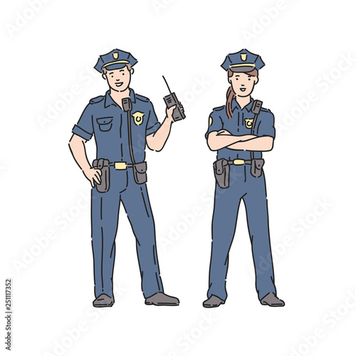 Police officer woman and man in professional uniform. Vector illustration in line art style isolated on white background.