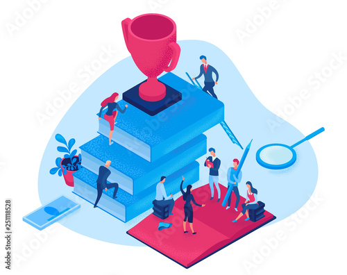 Success career isometric infographic 3d concept, creative man teamwork vector illustration with leader climbing career path reach goal, people meeting thinking of motivation, strategy, efficient job