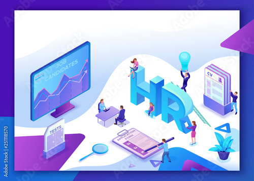 Recruitment agency isometric infographic landing page template with 3d employer hiring talent worker, candidates search work via human resource mobile app, office business people, ui ux vector design