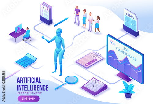 Artificial intelligence in human resources, recruiting agency website template with 3d employer hiring worker, job interview, smart candidate search, business people, isometric vector illustration
