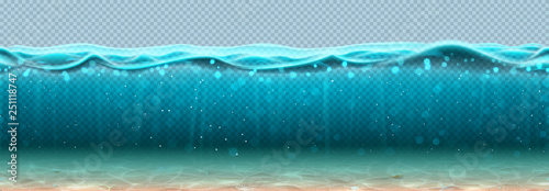 Seamless pattern with sea waves and bottom. Vector illustration. Realistic deep underwater ocean scene with seashells. Banner with horizontal transparent water surface.