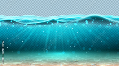 Realistic sea underwater scene with transparent waves. Vector illustration. Realistic ocean scene with seashells. Banner with horizontal water surface.