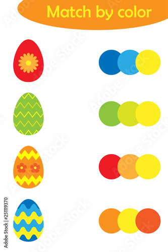 Matching game for children, connect colorful easter decoration eggs with same color palette, preschool worksheet activity for kids, task for the development of logical thinking, vector illustration