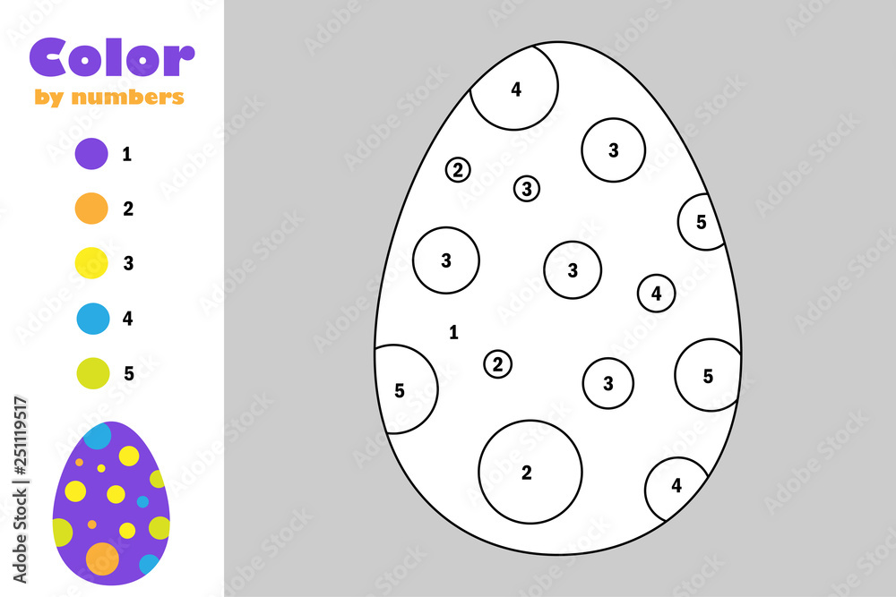 Egg in cartoon style, color by number, easter education paper game for the development of children, coloring page, kids preschool activity, printable worksheet, vector illustration Egg in cartoon style, color by number, easter education paper game for the development of children, coloring page, kids preschool activity, printable worksheet, vector illustration
