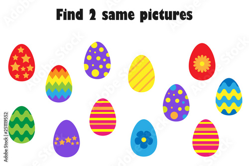 Find two identical pictures, fun education game with easter eggs in cartoon style for children, preschool worksheet activity for kids, task for the development of logical thinking, vector illustration