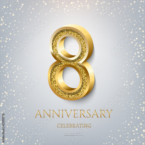 8th Anniversary Celebrating golden text and confetti on light blue background. Vector celebration 8 anniversary event template.