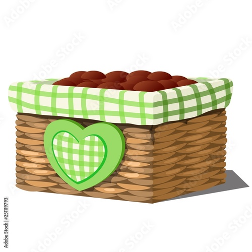 Stylish flower pot in the form of a wicker basket with soil isolated on white background. Vector cartoon close-up illustration.