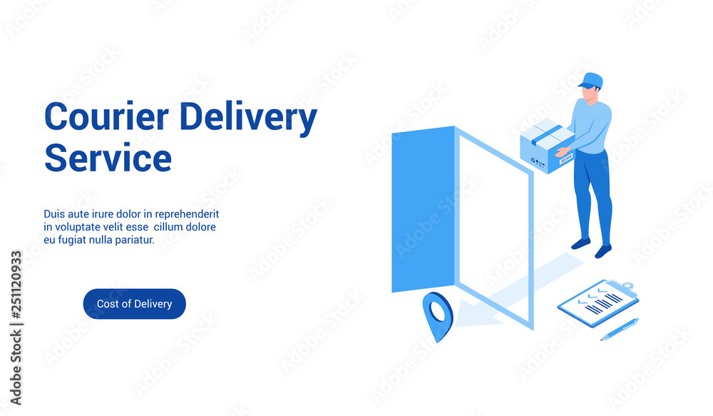 Isometric landing page template for courier delivery. Vector illustration mock-up for website and mobile website