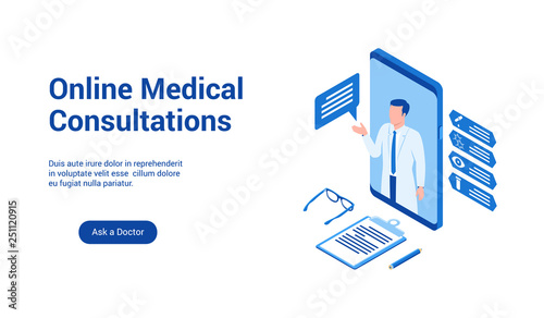 Isometric landing page template for medical consultation online. Vector illustration mock-up for website and mobile website