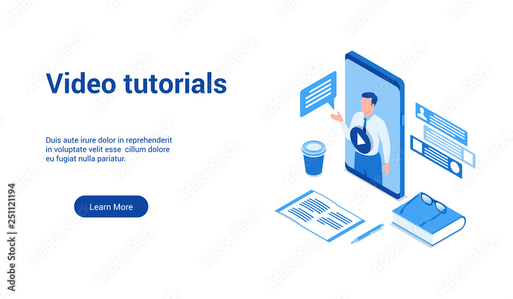Isometric landing page template for video tutorials. Vector illustration mock-up for website and mobile website Isometric landing page template for video tutorials. Vector illustration mock-up for website and mobile website