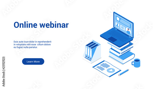 Isometric landing page template for online webinar. Vector illustration mock-up for website and mobile website