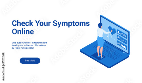 Isometric landing page template for checking symptoms online. Vector illustration mock-up for website and mobile website