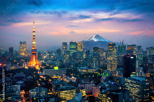 Leinwand Poster Aerial view of Tokyo cityscape with Fuji mountain in Japan.