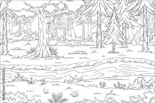 Coloring book landscape. Hand draw vector illustration with separate layers.