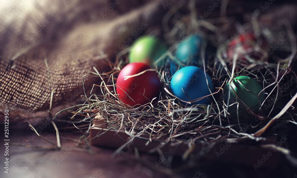 Easter painted eggs on burlap Easter painted eggs on burlap