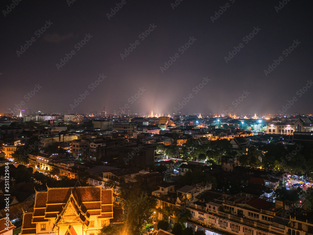 Fototapeta premium Bangkok Cityscape view from golden mount at wat saket temple Thailand.The landmark travel destination of bangkok city thailand