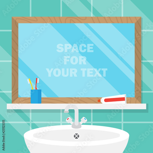 Bathroom misted mirror and shelf with tooth brush and toothpaste