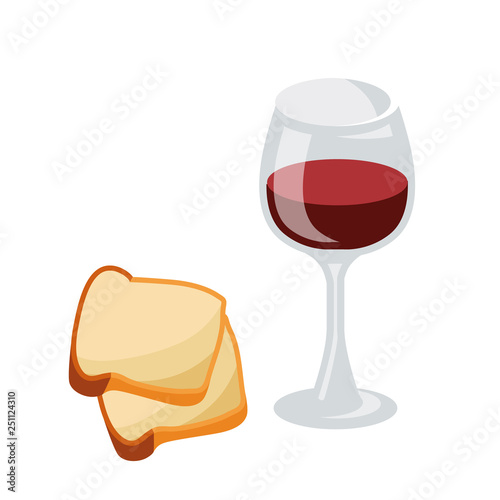 Series of icons for the Easter theme. Dietary food. A glass of wine and a slice of bread. Food for thought Food for Lent time.