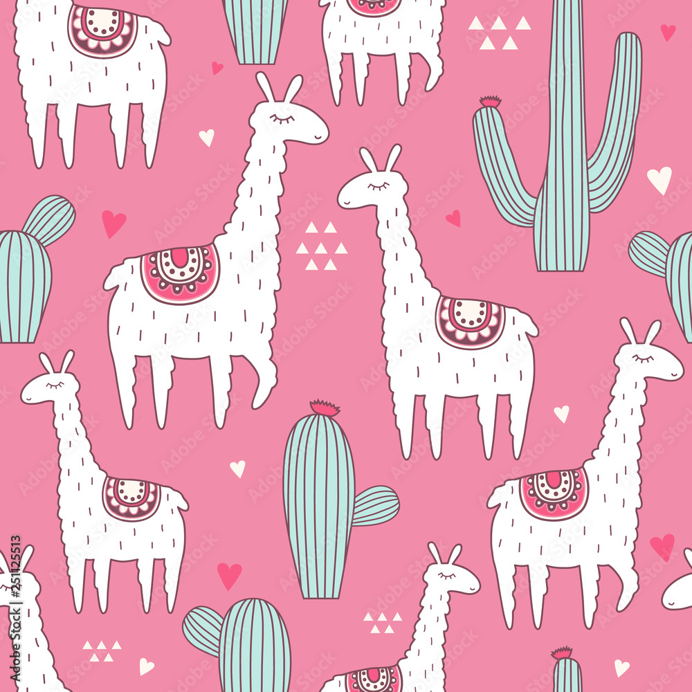 Lamas, cactuses, hearts, hand drawn backdrop. Colorful seamless pattern with animals and cacti. Decorative cute wallpaper, good for printing. Overlapping background vector, happy alpacas. Llama Lamas, cactuses, hearts, hand drawn backdrop. Colorful seamless pattern with animals and cacti. Decorative cute wallpaper, good for printing. Overlapping background vector, happy alpacas. Llama