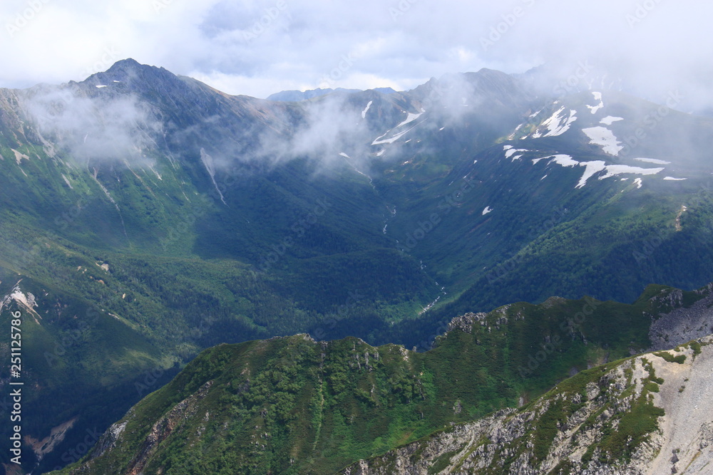 北アルプス薬師岳山頂からの山々　水晶岳と岩苔小谷