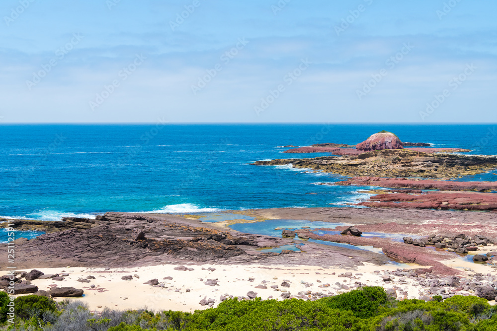 View over the rocky coastline at Heycock Point, known for whale watching, scenic coastal views and and birdwatching, in Ben Boyd National Park, Australia