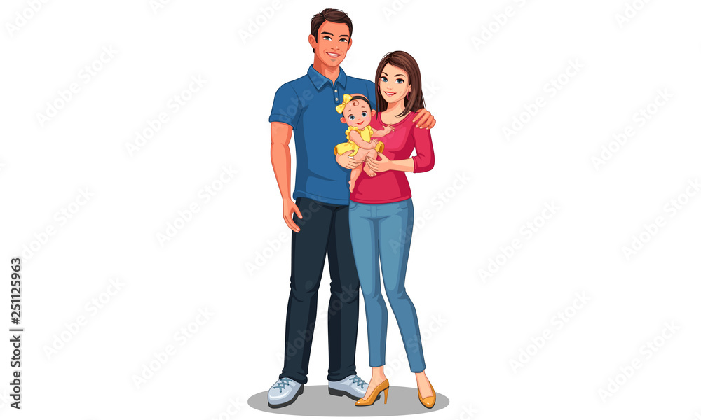 Beautiful illustration of father and mother with daughter. Happy family ...