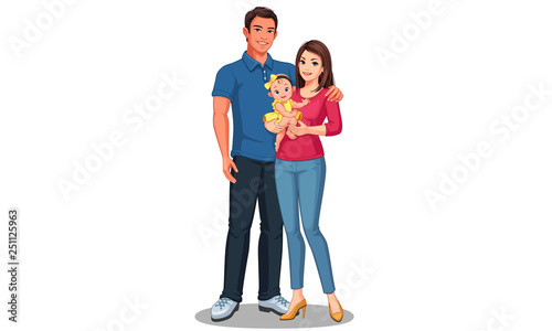 Beautiful illustration of father and mother with daughter. Happy family