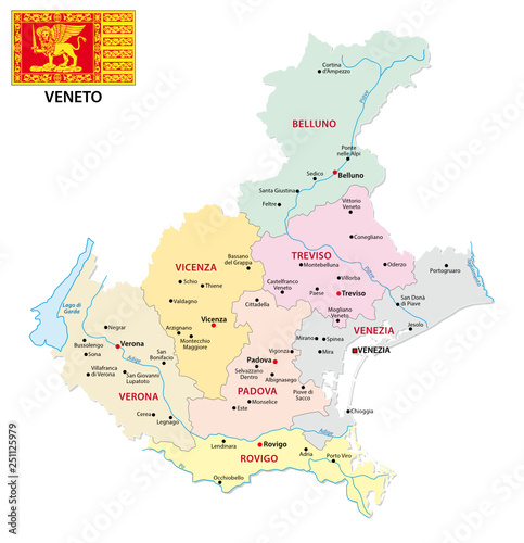veneto administrative and political map with flag photo