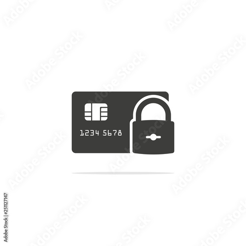 Monochrome vector illustration of a Credit Card with a lock icon , isolated on a white background.
