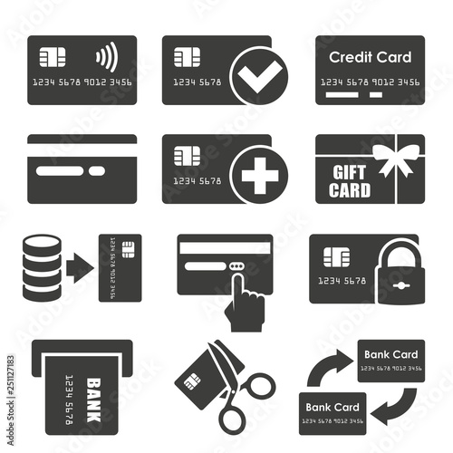 Monochrome vector illustration of a set Credit Cards icons, isolated on a white background.