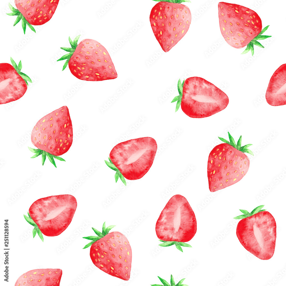 watercolor pattern with a strawberry, a strawberry in the cut, berries, watermelon, watermelon slices watercolor pattern with a strawberry, a strawberry in the cut, berries, watermelon, watermelon slices