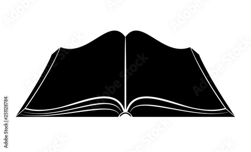 An open book on the table. Simple black outlines. Logo or emblem of a bookstore or knowledge base.