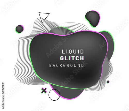Cover background with abstract liquid shape with glitch and blurry design. Black gradient fluid blob with dynamic wavy lines, circle, triangle. Overlap geometric composition for flyer or banner, logo