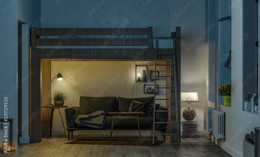 Hochbett mit Sofa und viel Beleuchtung am Abend Stock Illustration | Adobe  Stock