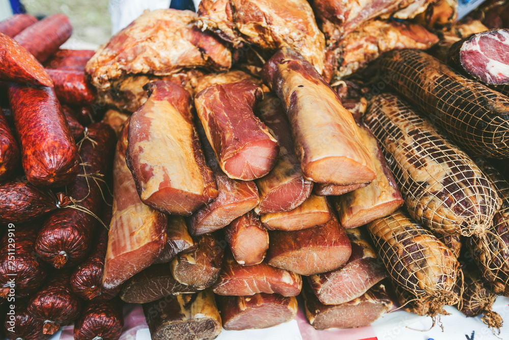 Domestic Traditional Food Smoked Meat At Local Farmers Markets Domestic Traditional Food Smoked Meat At Local Farmers Markets