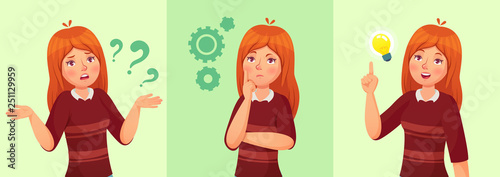 Teen girl think. Confused young female teenager, thoughtful girl student and answering question vector cartoon illustration