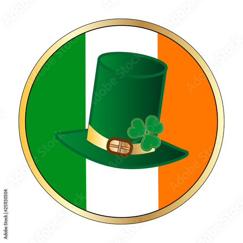 Icon of national flag of Ireland, round button with metal golden frame with St. Patricks Day symbol: Green leprechaun hat cylinder with green and gold colored clover leaf. Vector EPS10 illustration