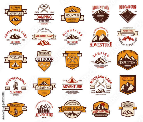 Big set of mountain hiking emblems. Design element for logo, label, sign, banner, poster.