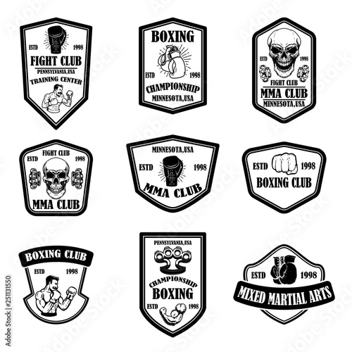 Set of mma and boxing club emblems. Design element for logo, label, sign, poster, t shirt.
