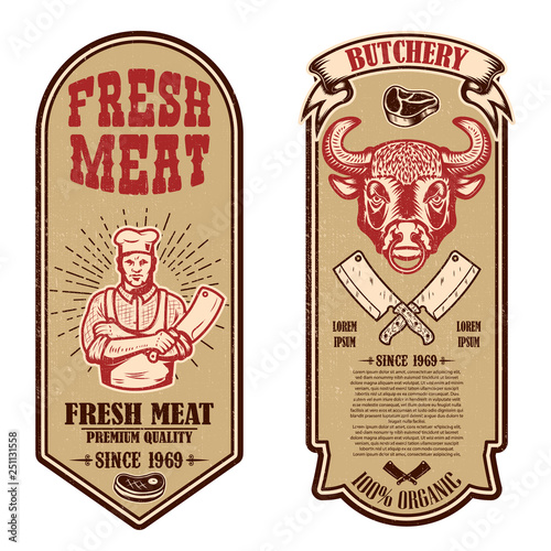 Set of meat store, butcher shop flyers. Design element for logo, label, sign, banner, poster.