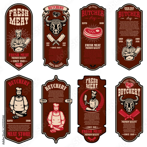 Set of meat store flyers. Design element for banner, logo, sign, poster, flyer.