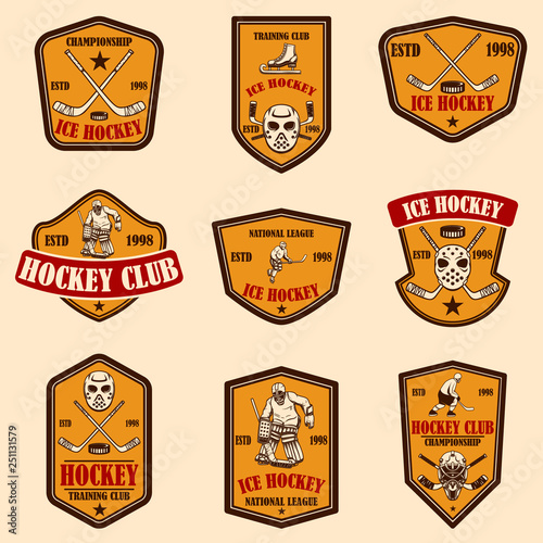 Set of hockey club emblems. Design element for logo, label, sign, poster, banner.